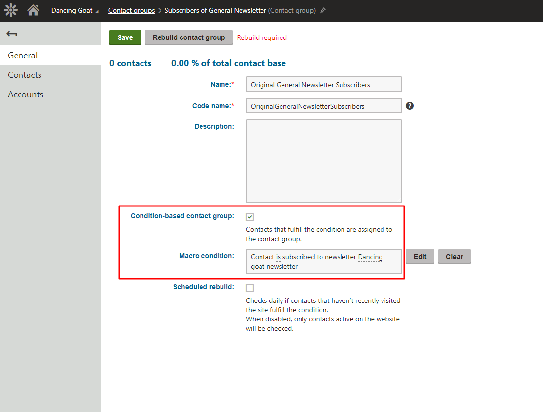 Condition-based contact group