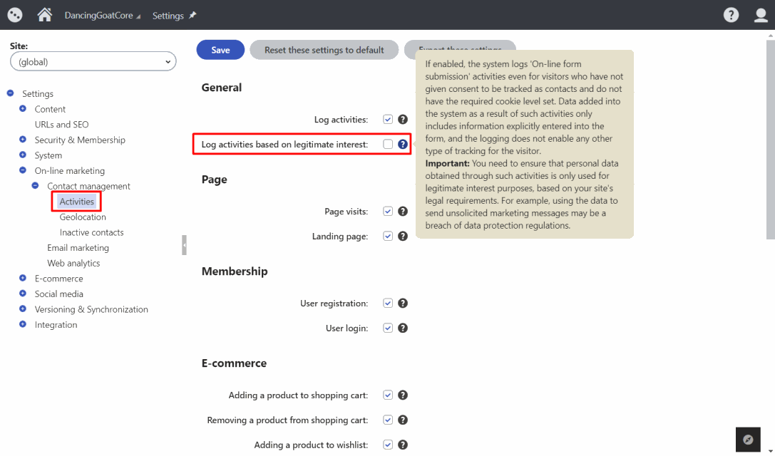 Legitimate interest activity logging